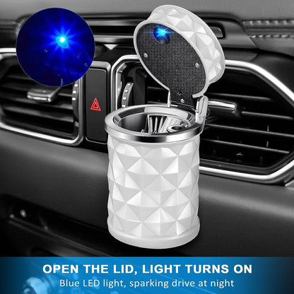 Wukusy 7932 car cupholder ashtray with lid, blue LED light, portable design, ideal for cigarette and cigar ash disposal in vehicles