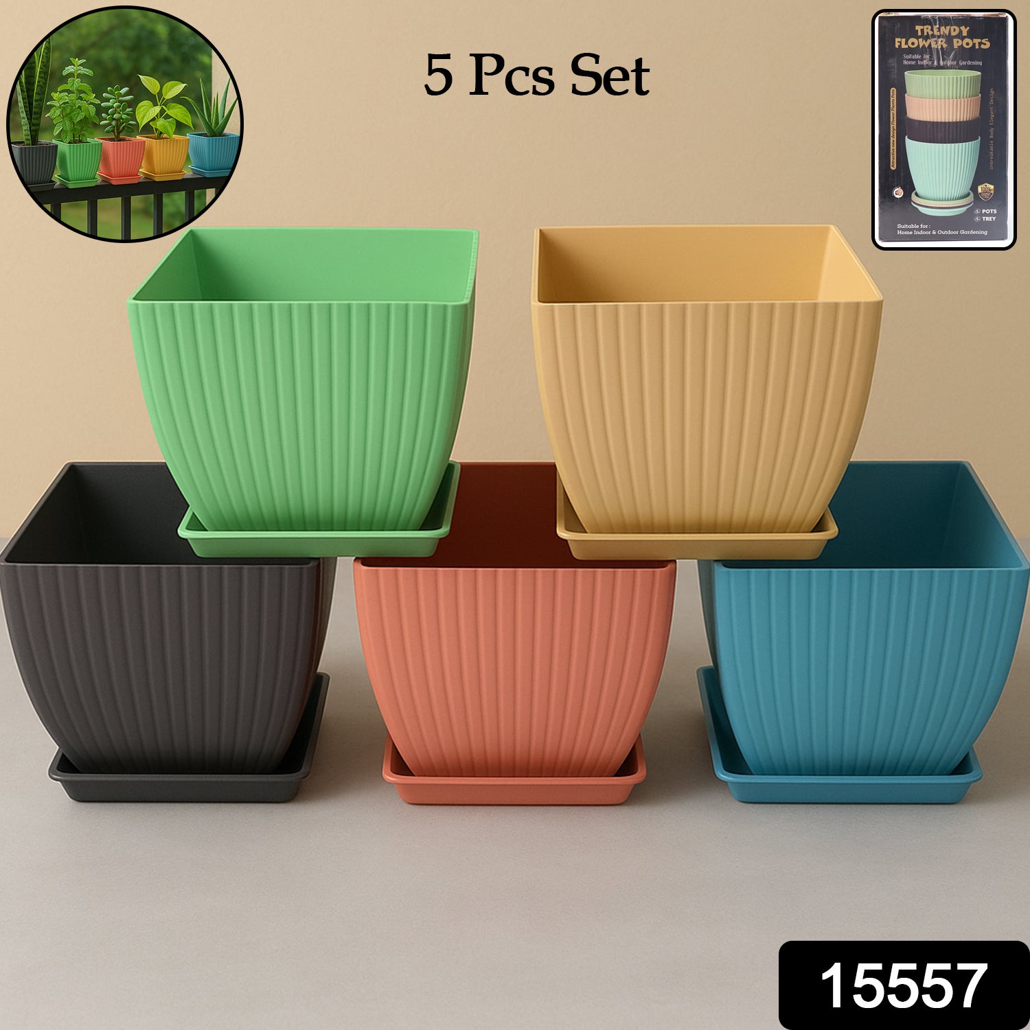 Set of five square plastic flower pots for garden use, trendy design by Wukusy with modern square shape and vibrant colors.
