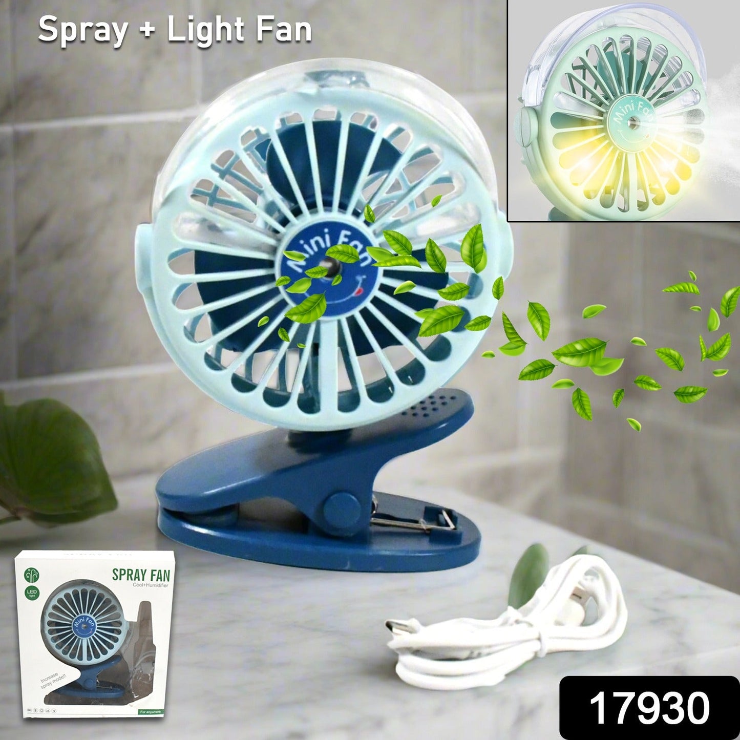 Wukusy portable clip-on USB desk fan with light, 3-speed, rechargeable, compact personal cooling fan for home, office, or camping.