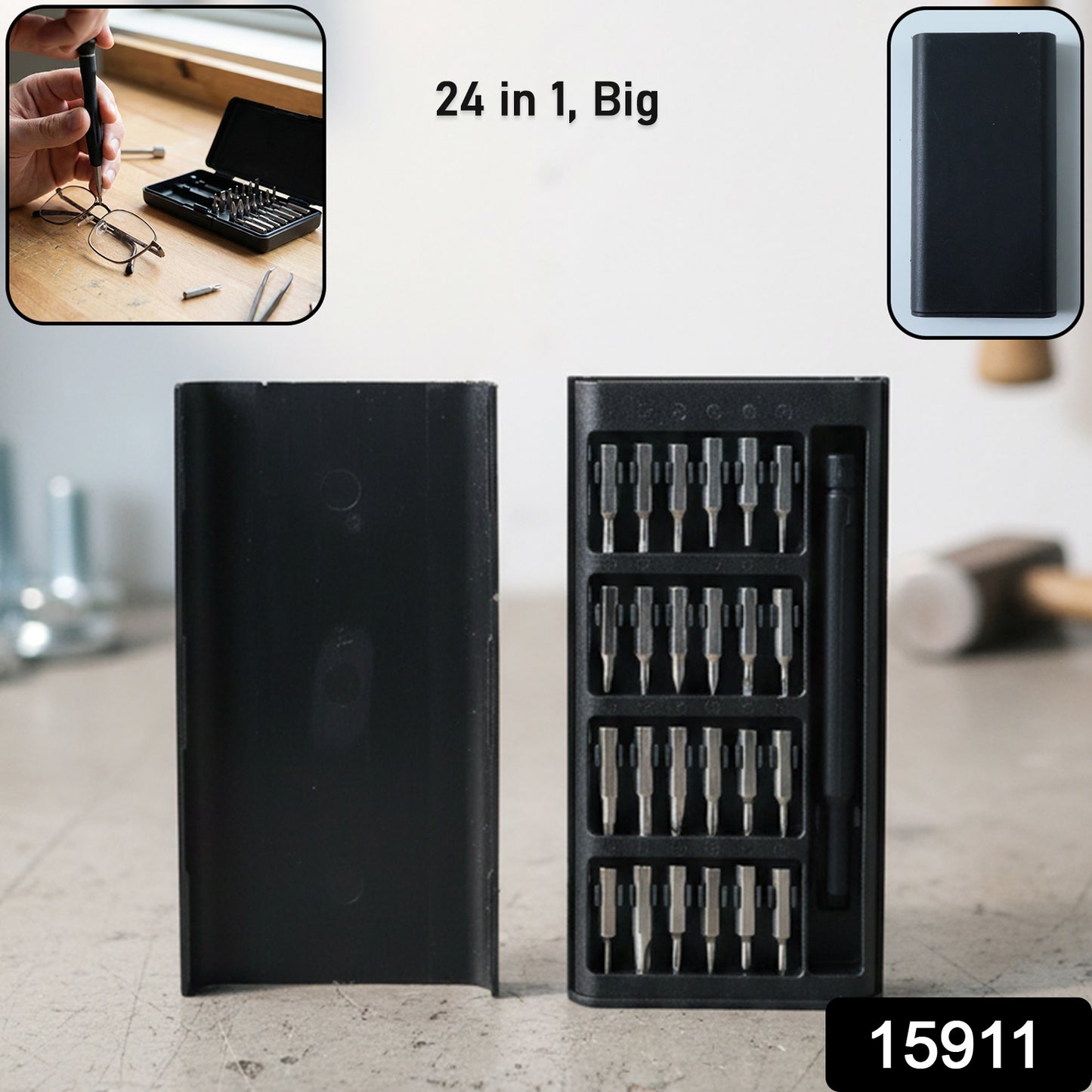 Wukusy 24-in-1 precision screwdriver tool kit with large-sized screwdrivers, displayed in a compact case for versatile electronic repairs.