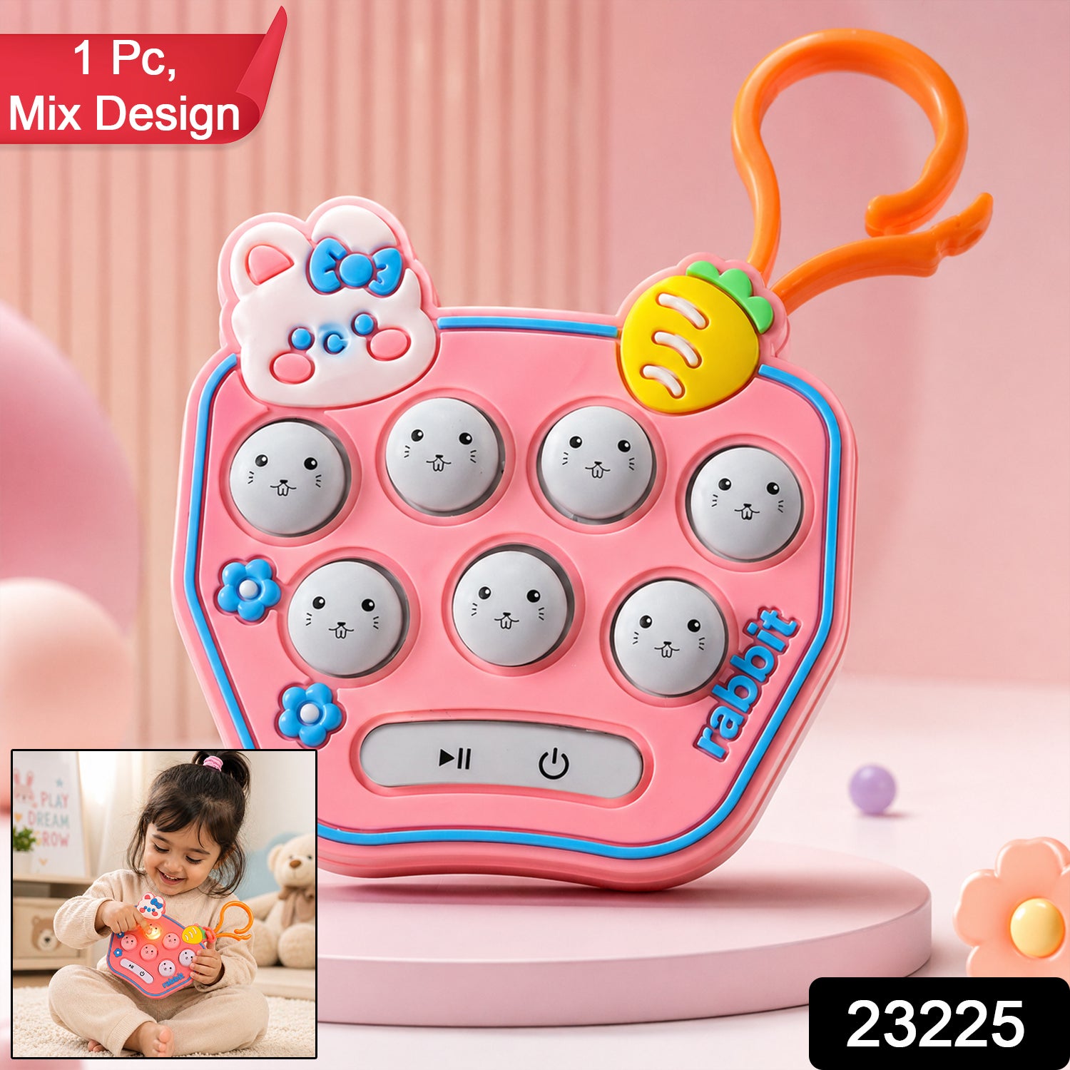 Wukusy cute cartoon music push button keychain with sound, featuring colorful mixed design, attached to a keyring.