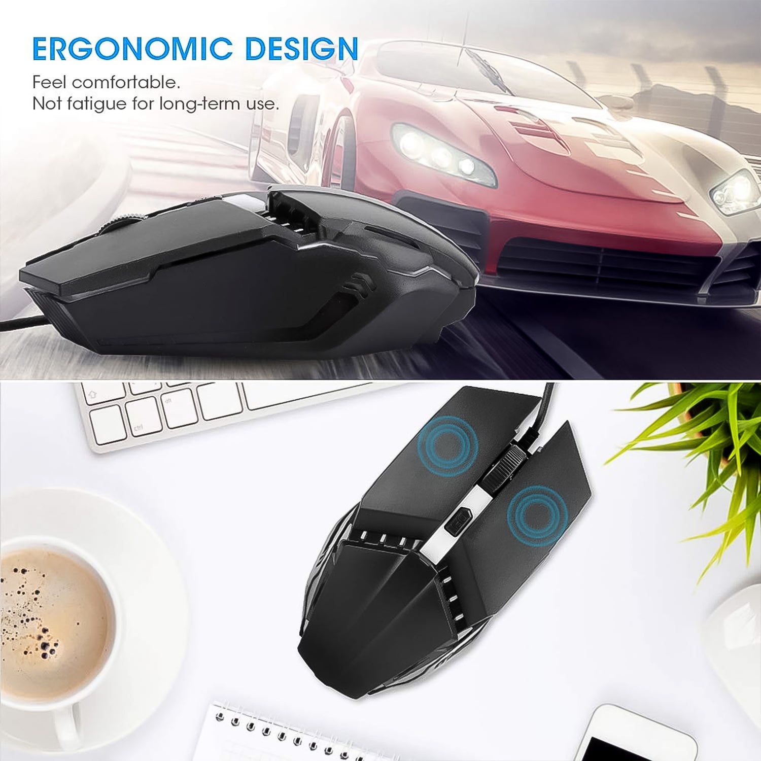 Wukusy USB wired gaming mouse with ergonomic design, black body, featuring customizable buttons and scroll wheel for comfortable use
