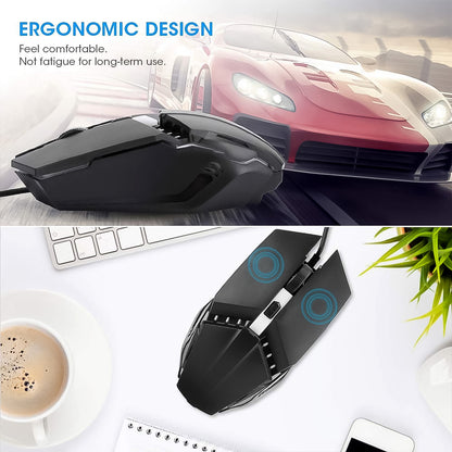 Wukusy USB wired gaming mouse with ergonomic design, black body, featuring customizable buttons and scroll wheel for comfortable use