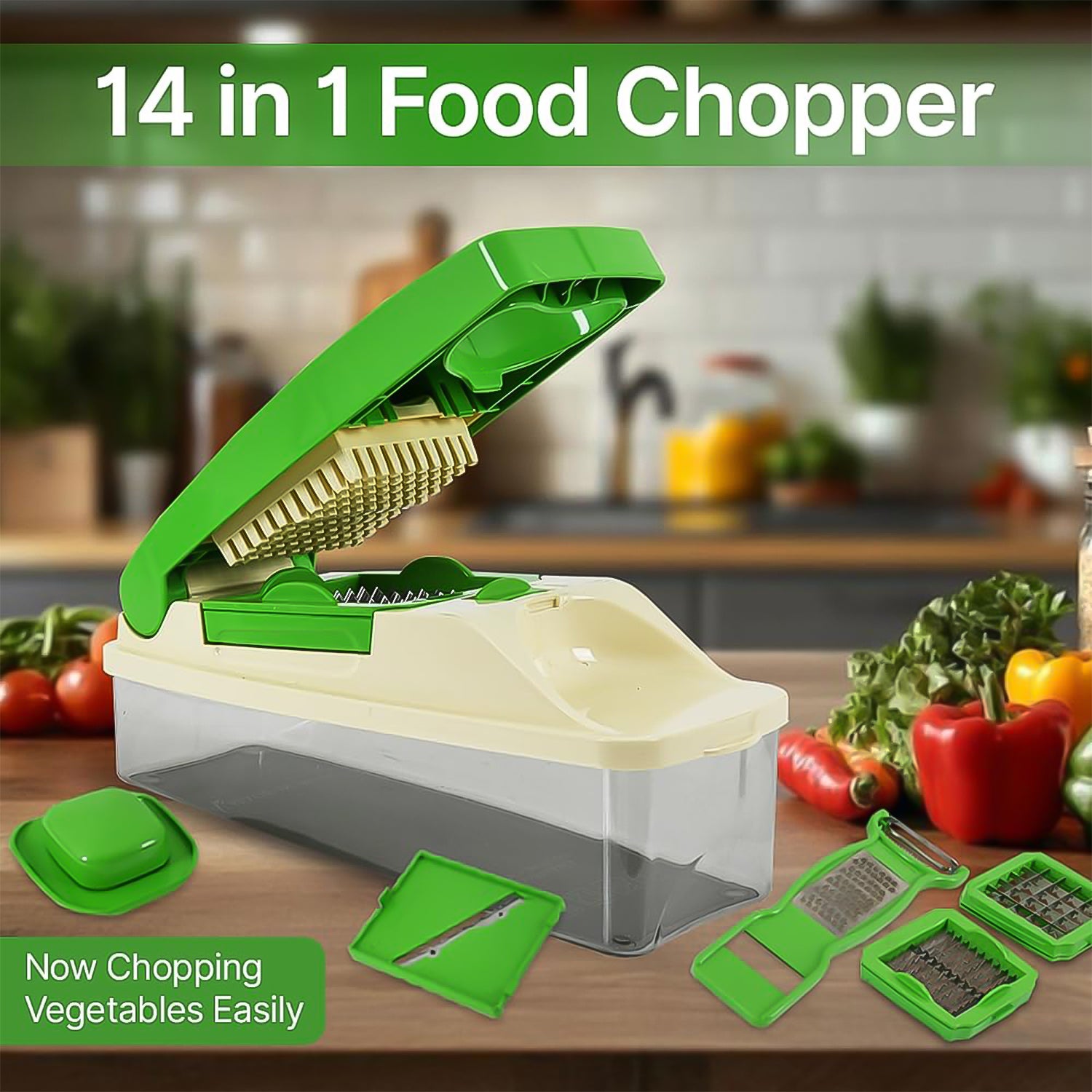 Wukusy Supermom 14-in-1 Nicer Dicer vegetable and fruit chopper with multiple blades for easy food prep.