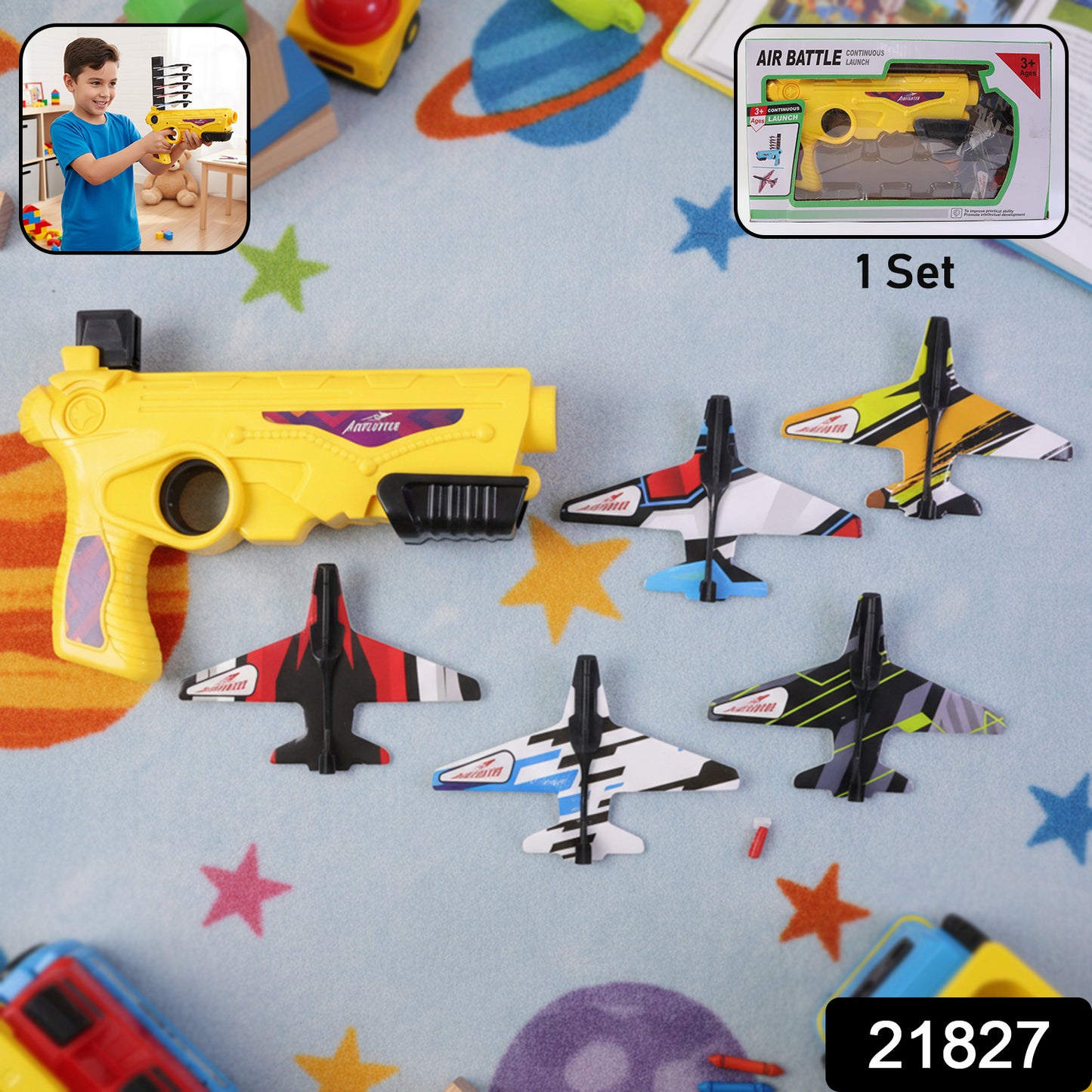 Wukusy Air Battle Plane Launcher Gun toy for kids with foam glider set, showing colorful foam planes and launcher in action.