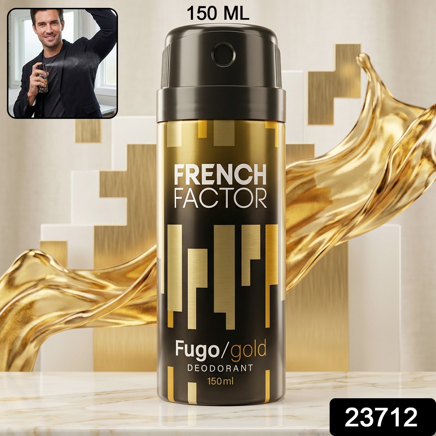 Wukusy French Factor Fugo Gold deodorant body spray in 150ml spray bottle, with sleek gold packaging and ergonomic design.