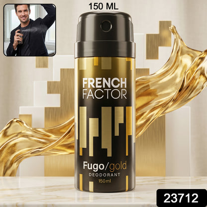 Wukusy French Factor Fugo Gold deodorant body spray in 150ml spray bottle, with sleek gold packaging and ergonomic design.