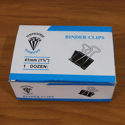 Set of 12 black heavy-duty binder clips, 32mm size, from Wukusy, used for office or organizational purposes.