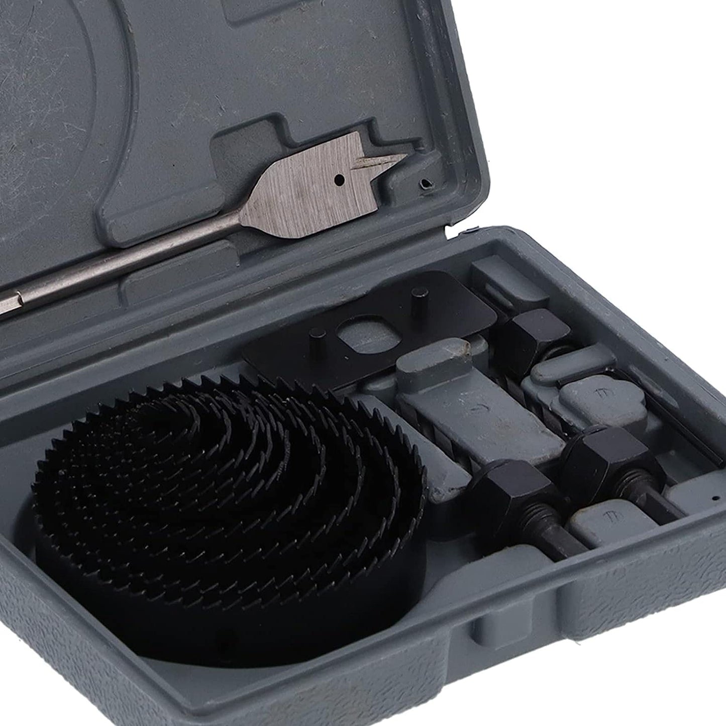 Set of 18 Wukusy drill hole cutters with carbon steel blades for accurate cutting of plastic, wood, and PVC in a hole saw kit.