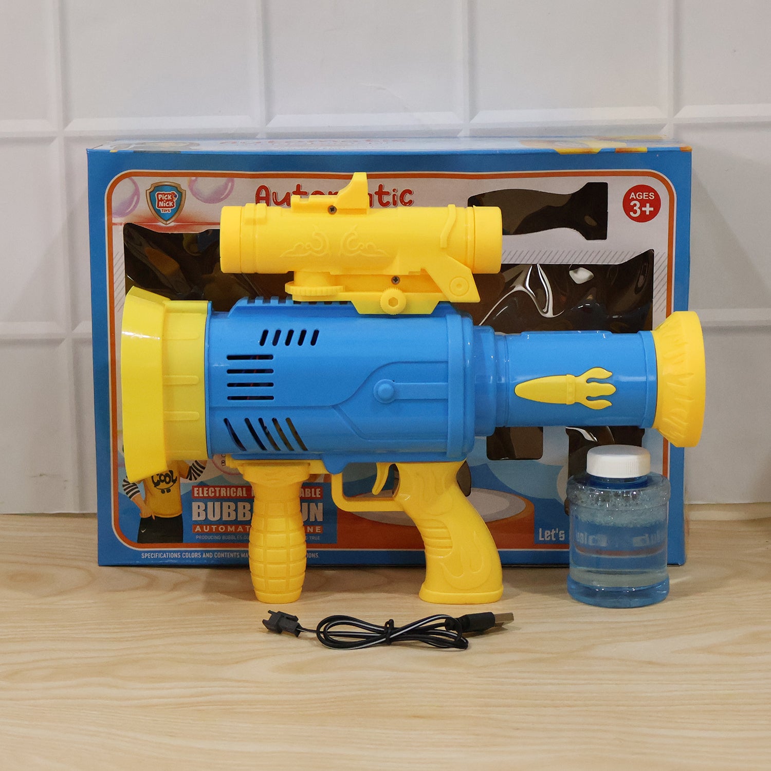 Wukusy automatic rechargeable bubble gun toy for kids with lights, producing colorful bubbles in a fun, handheld design.