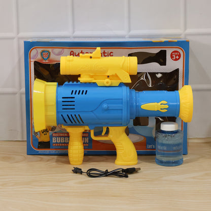 Wukusy automatic rechargeable bubble gun toy for kids with lights, producing colorful bubbles in a fun, handheld design.