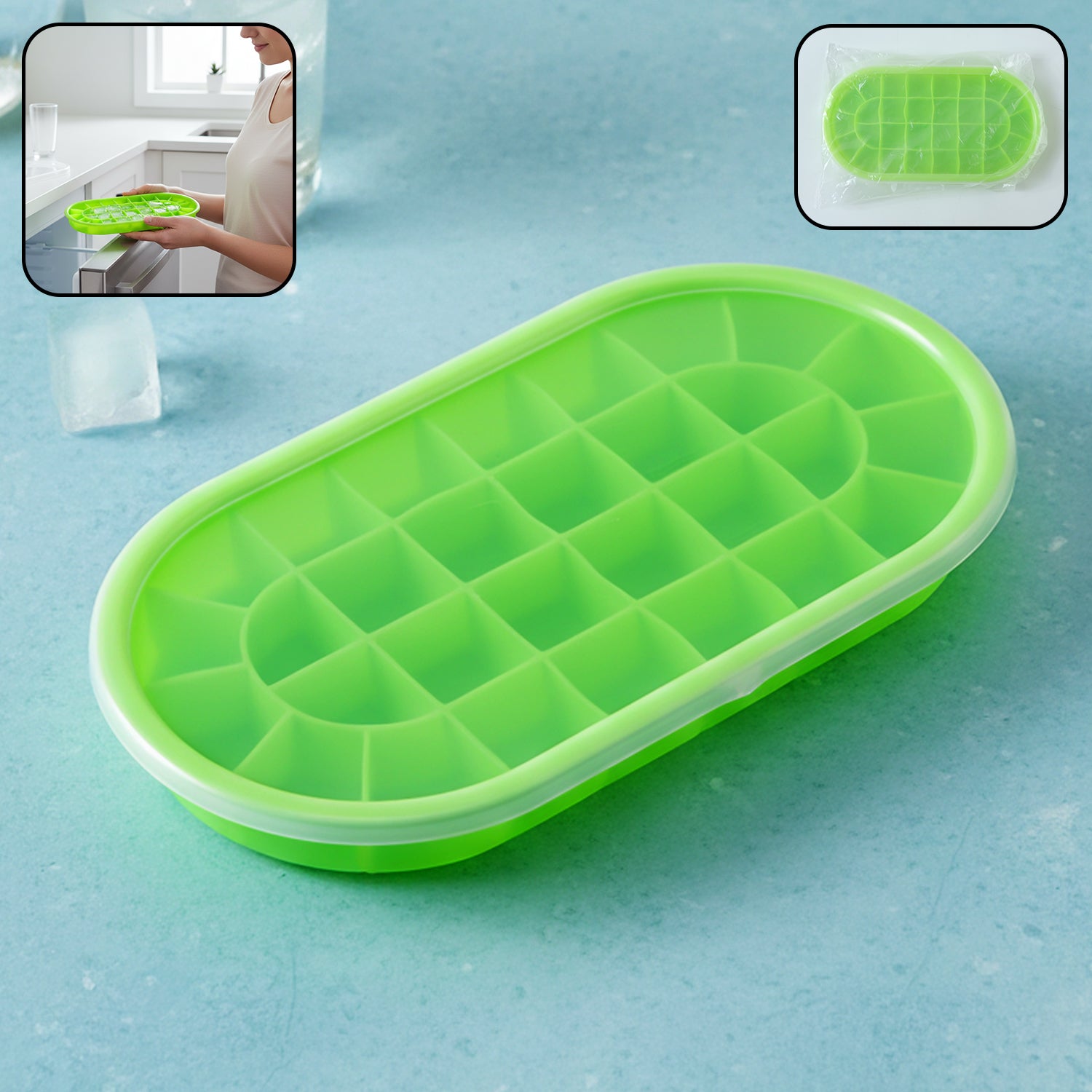 Wukusy premium oval silicone ice cube tray with lid, showing flexible silicone mold and assembled tray with ice cubes inside.