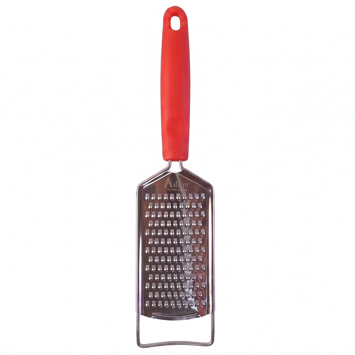 Wukusy handheld cheese grater with plastic handle, designed for grating vegetables and lemon zest, shown in use.