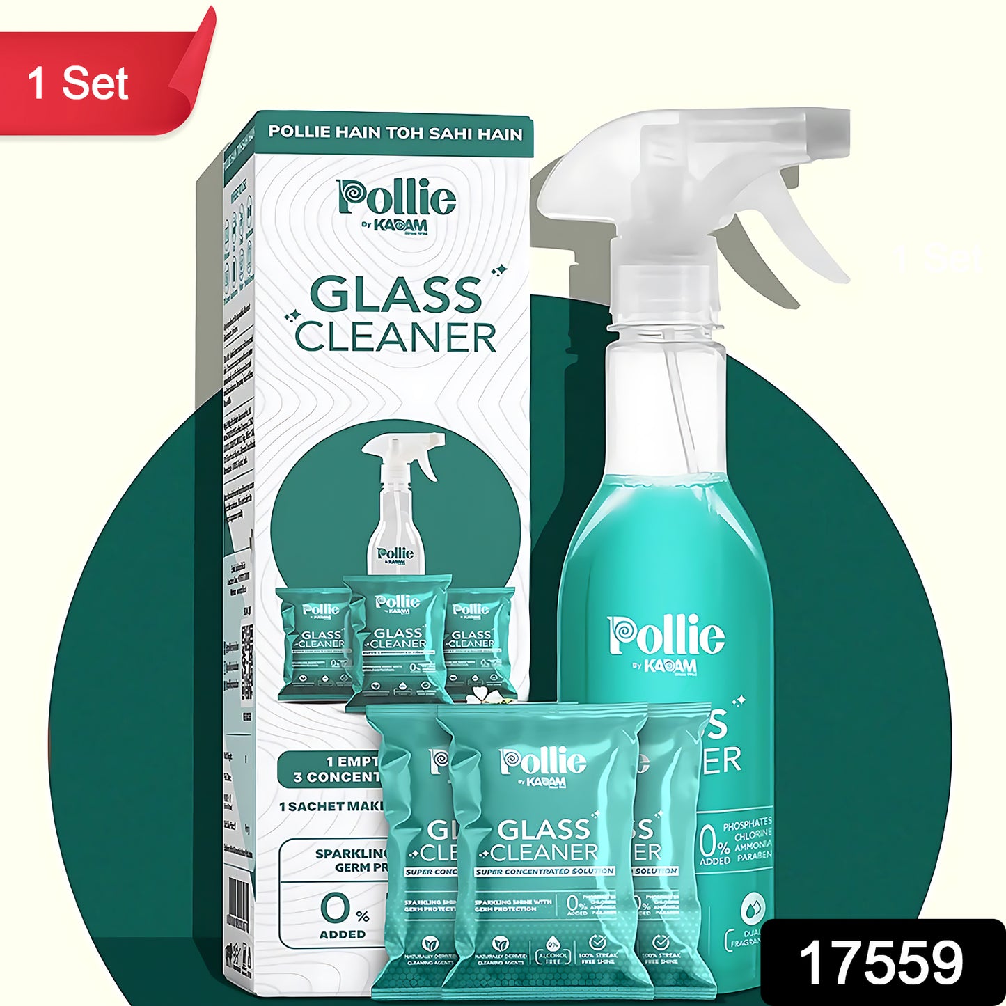 Wukusy Pollic Kadam glass mirror cleaner refill kit with reusable spray bottle, designed for effective home mirror cleaning.
