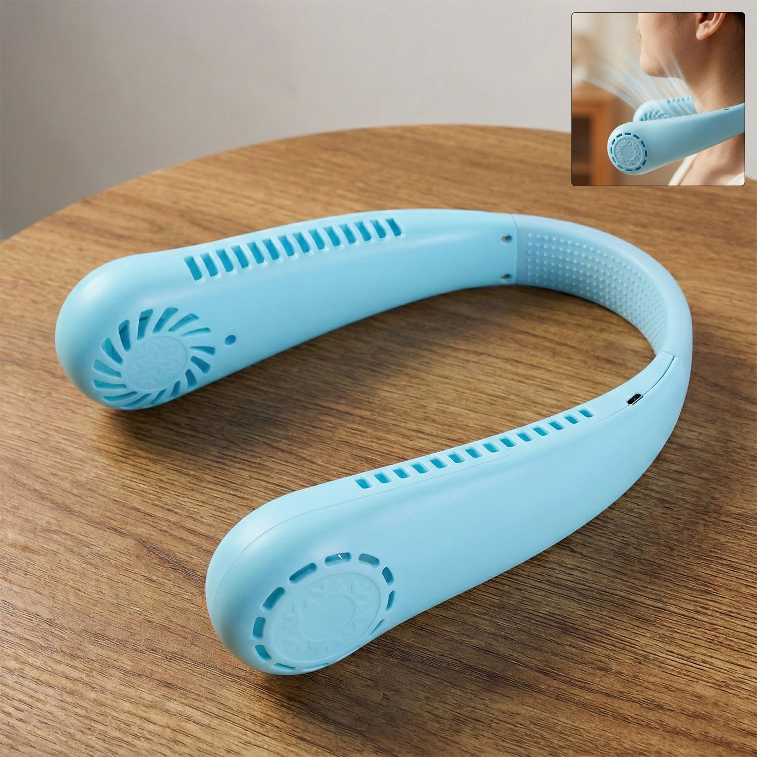 Wukusy B Grade rechargeable hanging neck fan with adjustable airflow and lightweight design, shown hanging around a person's neck.
