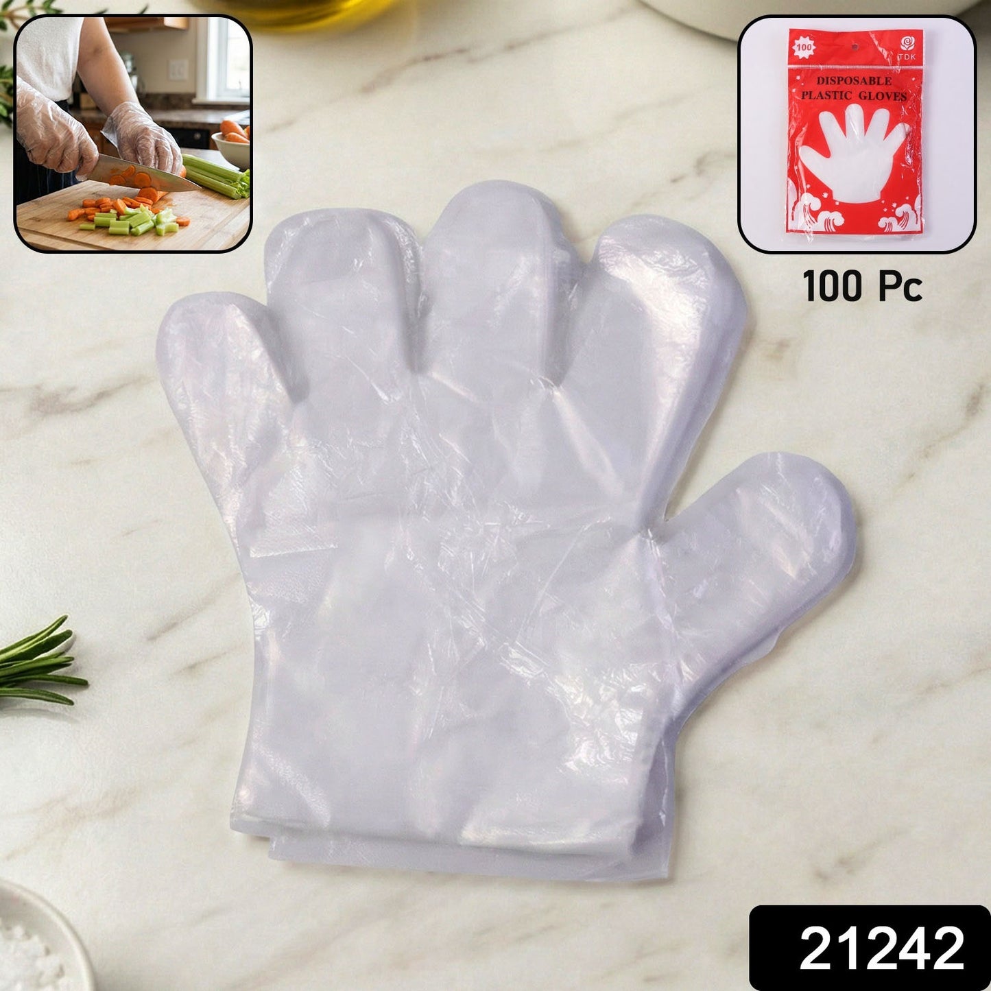 Pair of transparent disposable plastic gloves from Wukusy, shown in a 100-piece pack, ideal for food handling and sanitation.