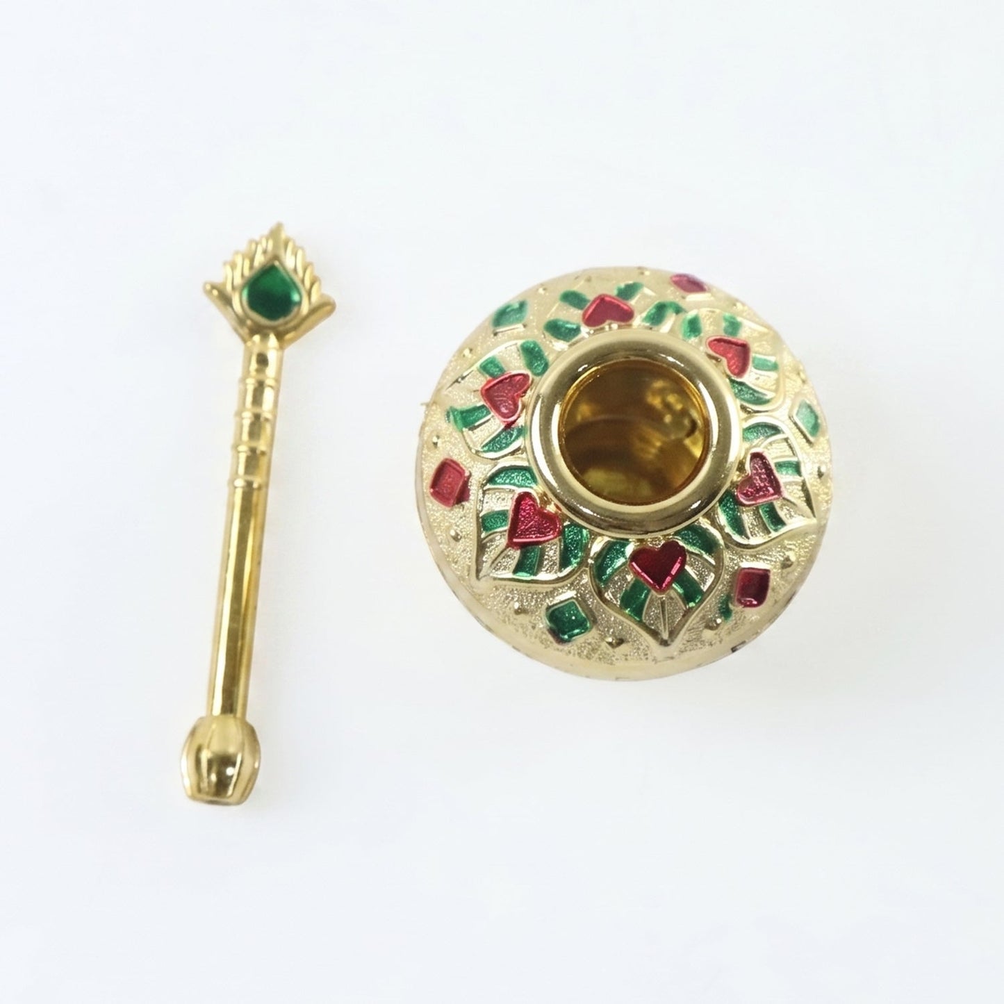 Wukusy Laddu Gopal Makhan Matki with spoon set, decorative Pooja pot, featuring traditional design in a 2-piece set.