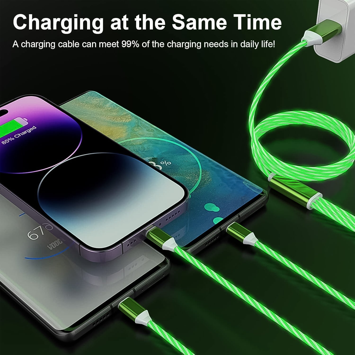 Wukusy 3-in-1 light-up fast charging cable for mobile devices, multi-charging cable with LED indicator in black