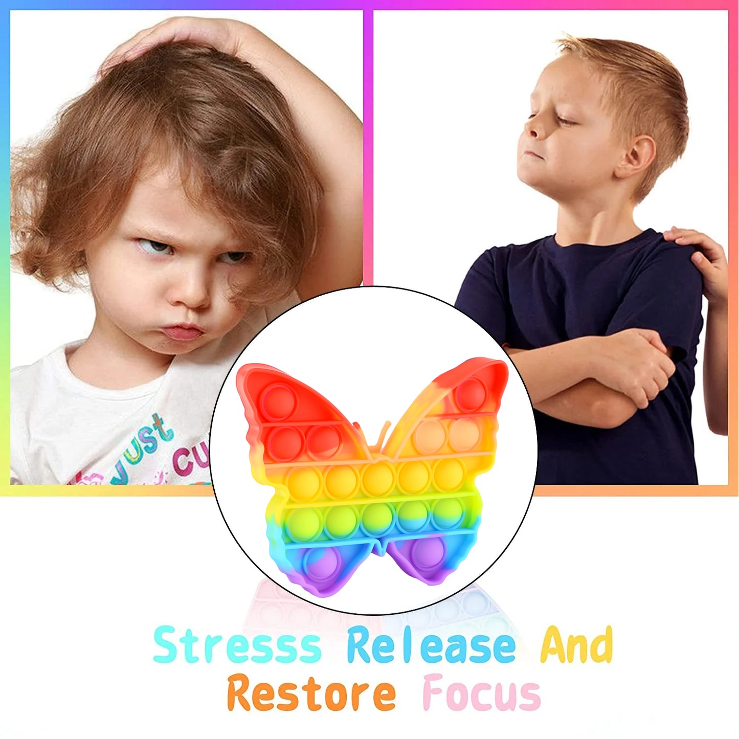 Wukusy butterfly and car-shaped pop fidget toy with colorful bubbles, sensory stress reliever for kids and adults.