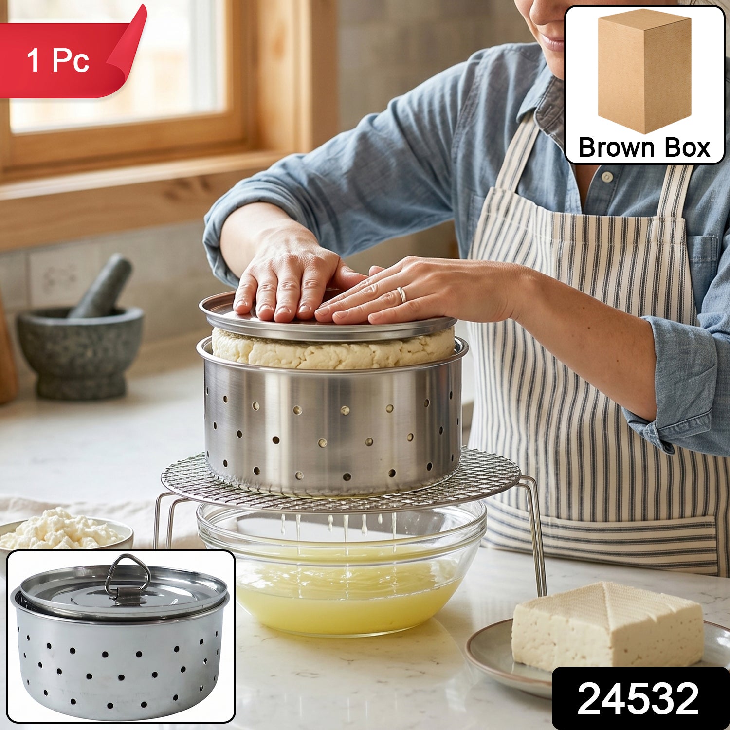 Wukusy stainless steel paneer maker mold with lid for cheese and tofu pressing, compact kitchen cheese press tool