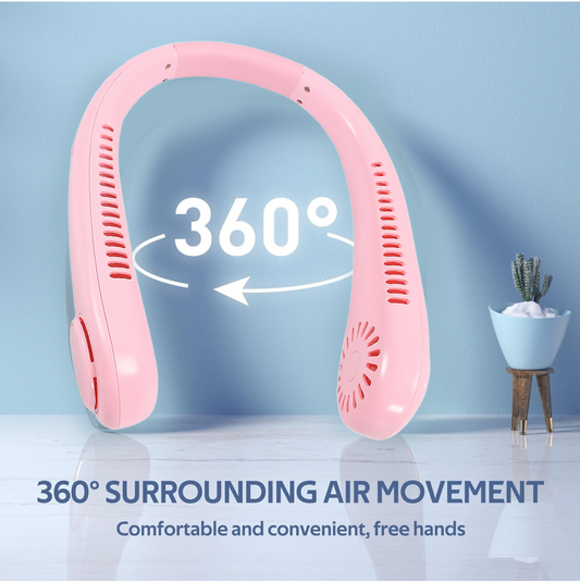 Wukusy portable bladeless neck fan worn around the neck, showing its sleek design and hands-free cooling for hot days.