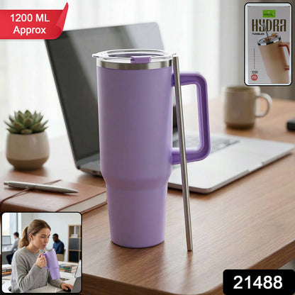 Wukusy Konvex large capacity insulated tumbler mug with handle and straw, 1200 ml, in stainless steel with a sleek design