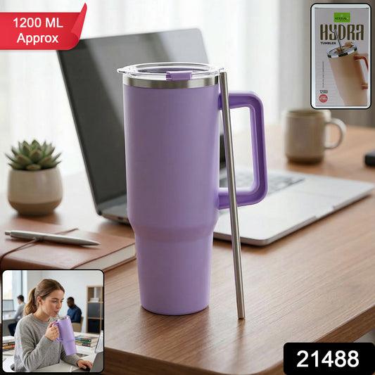 Wukusy Konvex large capacity insulated tumbler mug with handle and straw, 1200 ml, in stainless steel with a sleek design
