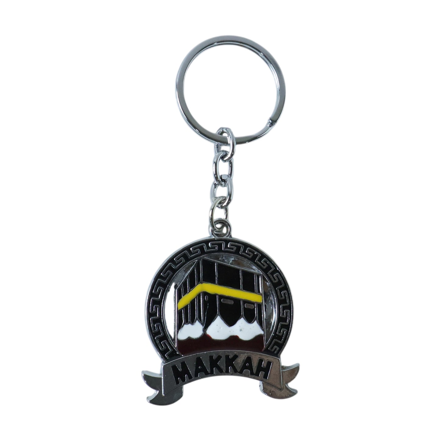 Wukusy premium Makkah design metal keychain with round pendant showing intricate Islamic patterns and branding details.