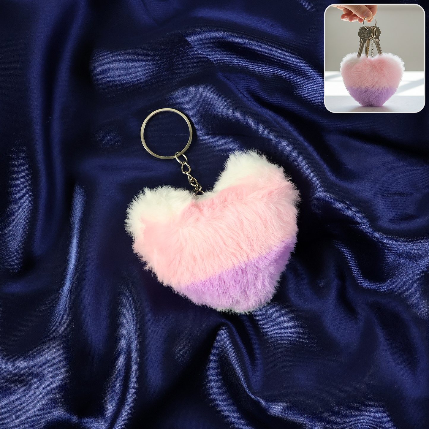 Soft plush heart keychain by Wukusy featuring a cute, colorful plush heart with a keyring attachment.