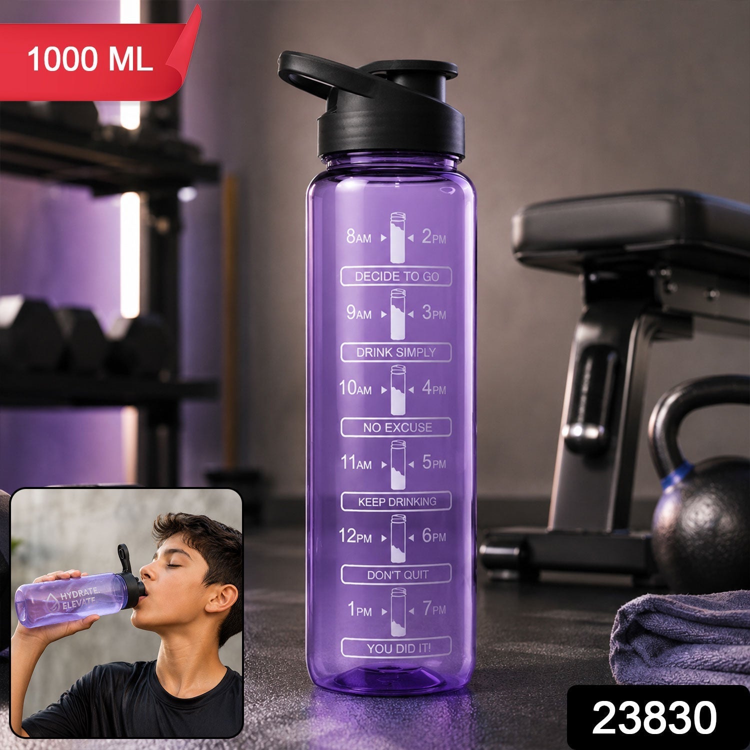 Wukusy 1000ml plastic motivational water bottle with time marker and flip lid, showing a clear design with measurement lines