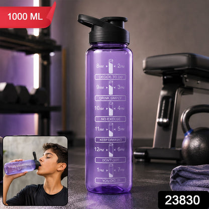 Wukusy 1000ml plastic motivational water bottle with time marker and flip lid, showing a clear design with measurement lines