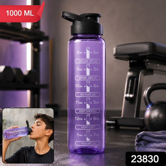 Wukusy 1000ml plastic motivational water bottle with time marker and flip lid, showing a clear design with measurement lines