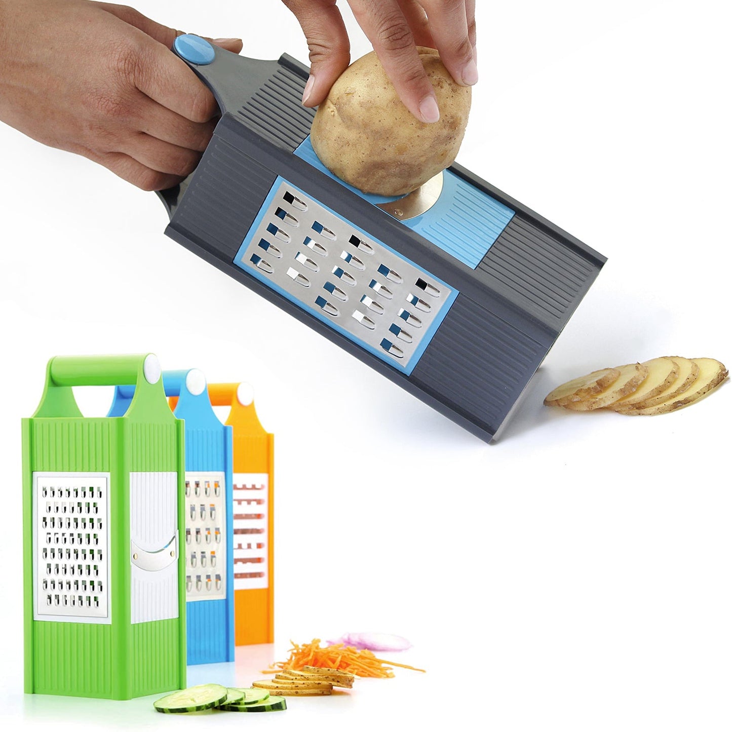 Wukusy 4-in-1 plastic vegetable and fruit grater and slicer with multiple blades for kitchen prep, shown with sliced produce
