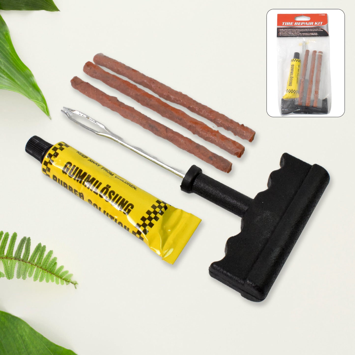Wukusy tyre puncture repair kit with 3 seal strips and 5 repair patches for quick, easy bicycle or motorcycle tyre fixes.