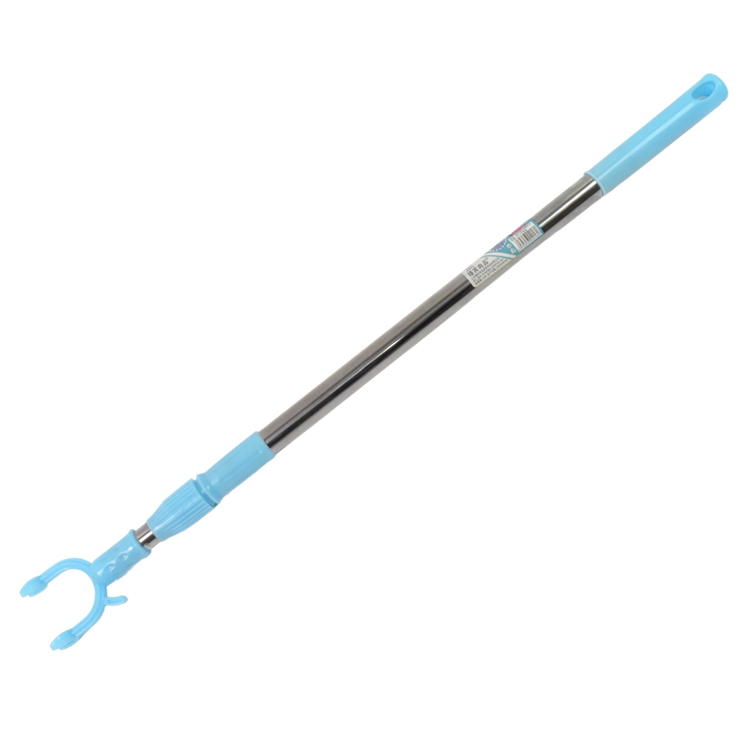 Wukusy stainless steel telescopic pole clothes hanger extended to 1 meter with hooks for hanging garments or accessories.