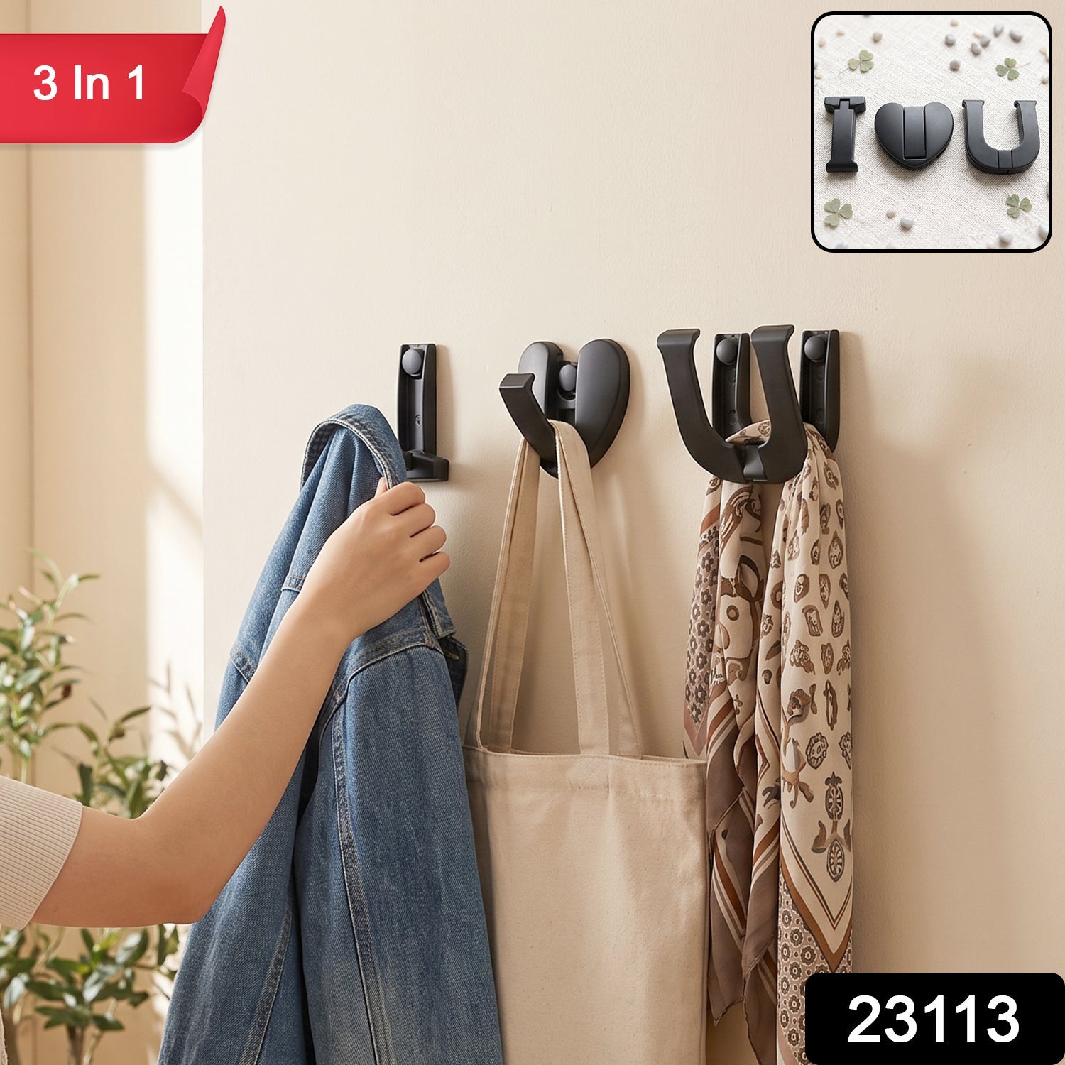 Wukusy premium heavy duty wall hook set with three 3-in-1 self-adhesive hooks for clothes and bags mounted on a wall.