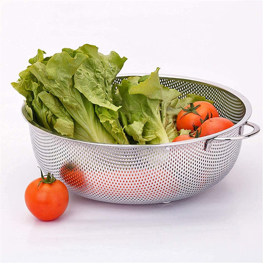 Wukusy stainless steel collapsible rice and vegetable strainer bowl with handle, kitchen tool for washing and draining produce.