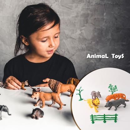 Wukusy small wild animal toy set for kids featuring four plastic animals including a lion, elephant, zebra, and giraffe.
