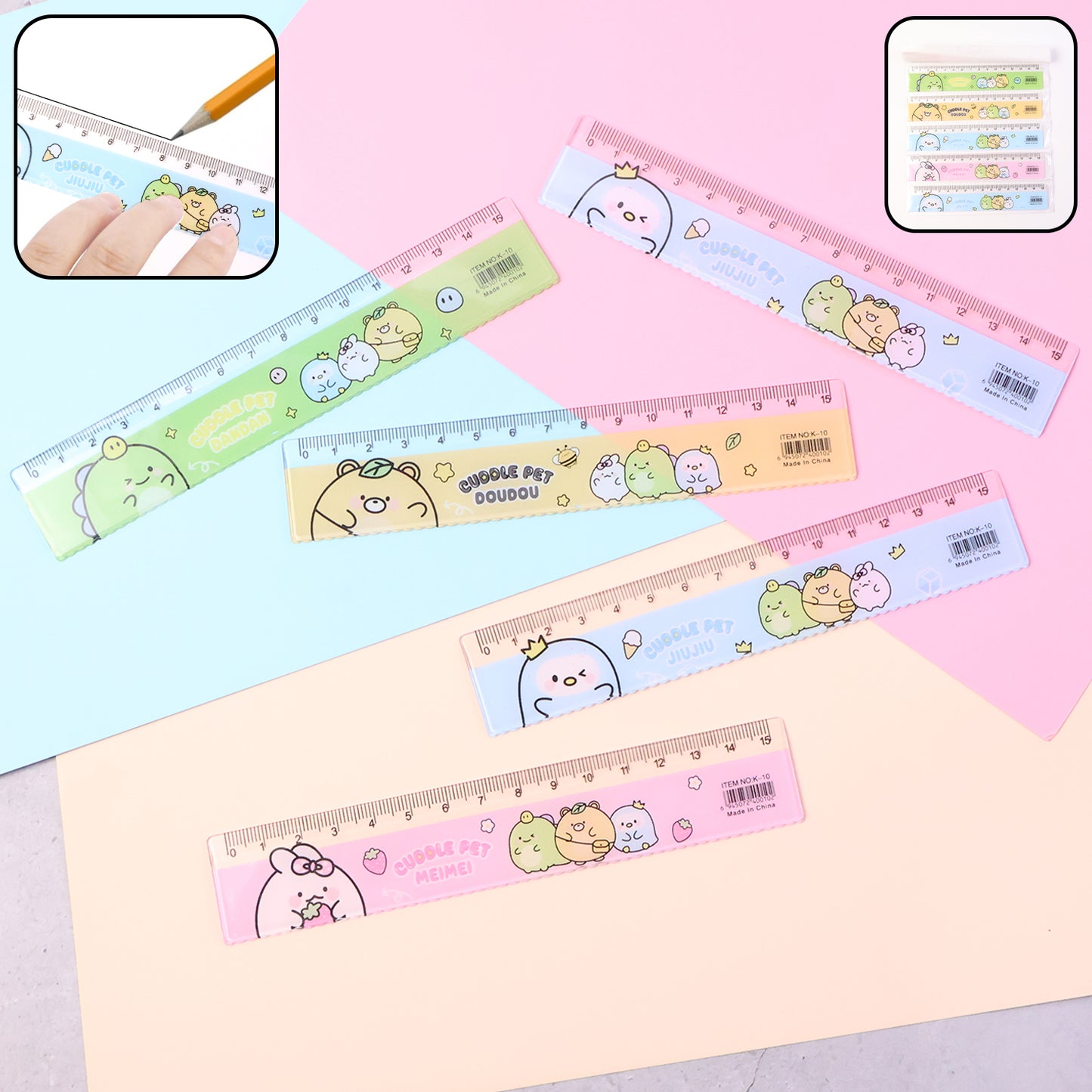 Set of five colorful cartoon plastic rulers for kids, featuring playful designs, by Wukusy, ideal for school and office use.