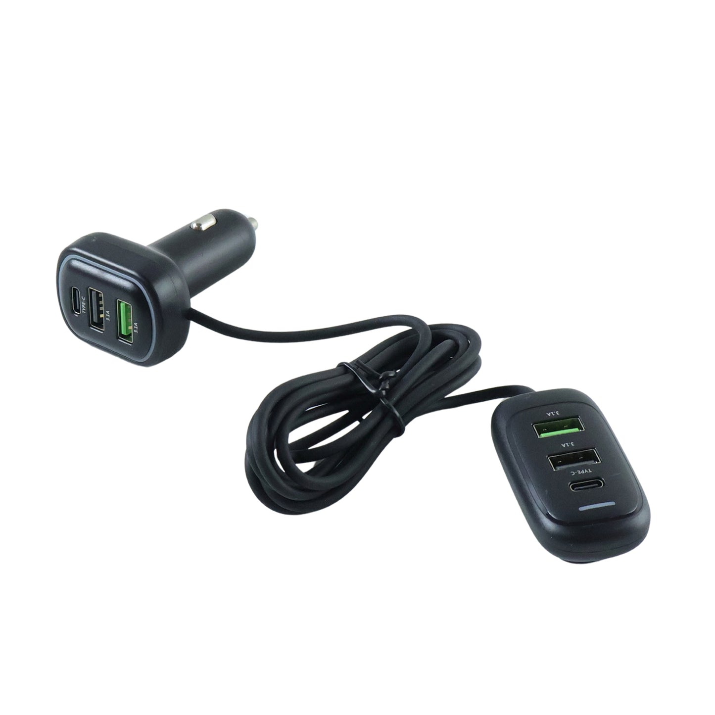 Wukusy RGB breathing light multi-port car USB charger with 1.5m cable, featuring colorful LED indicators and multiple charging ports.