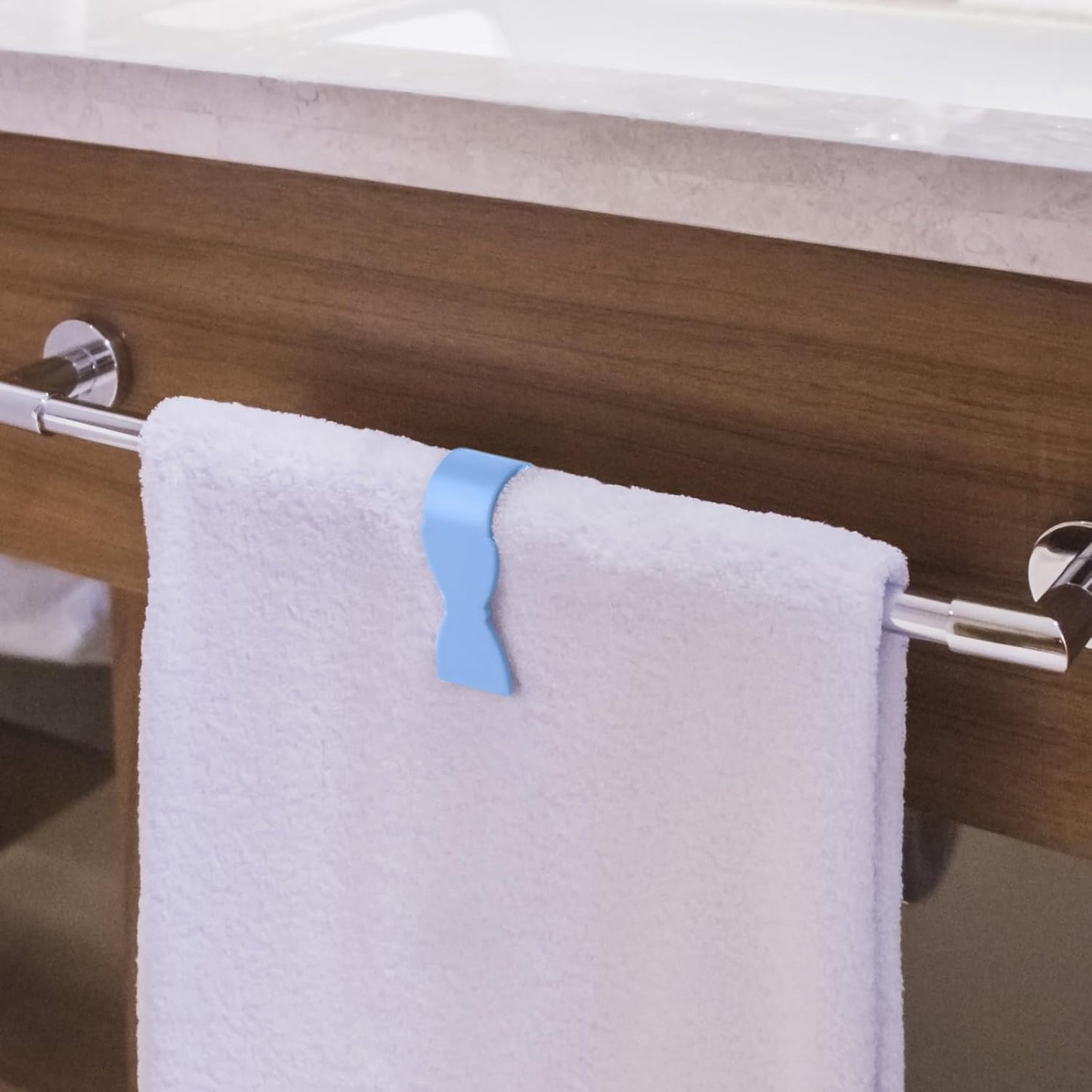 Set of six Wukusy multipurpose towel holder clips with stainless steel finish for bathroom and kitchen organization.
