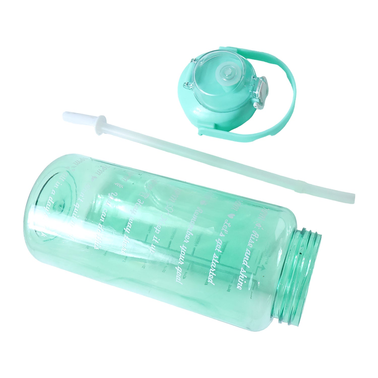 Wukusy 2-litre large capacity leakproof sports water bottle with handle, transparent plastic with blue lid and measurement markings.