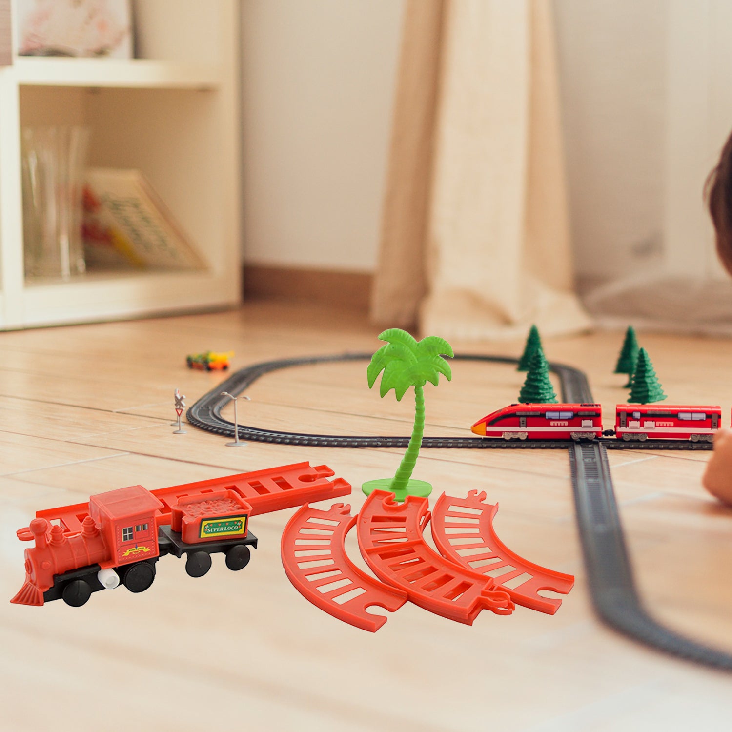 Wukusy 4470 World Express Mini Train Play Set for kids featuring colorful toy train and track pieces on a play surface.