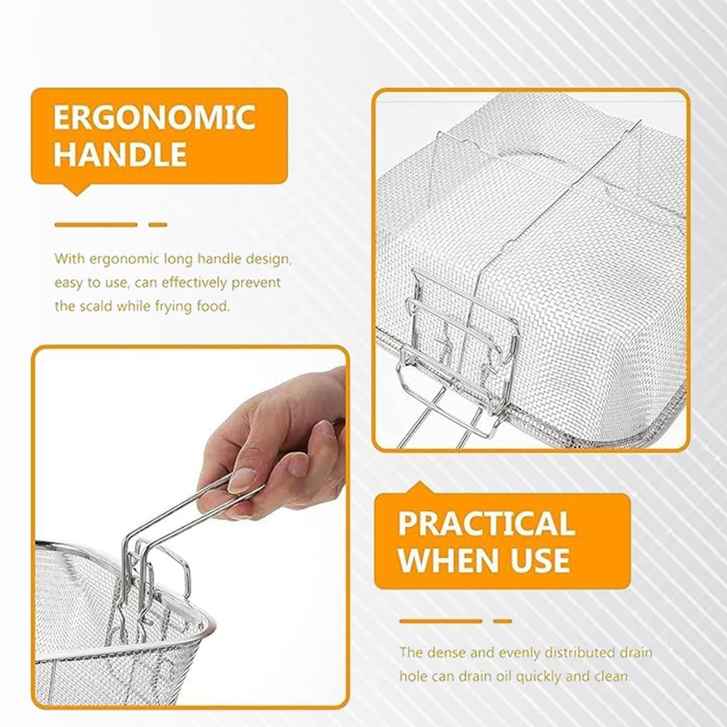 Wukusy stainless steel deep fryer basket with long handle, designed for easy lifting and draining in deep frying applications.