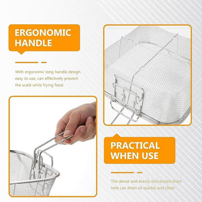 Wukusy stainless steel deep fryer basket with long handle, designed for easy lifting and draining in deep frying applications.