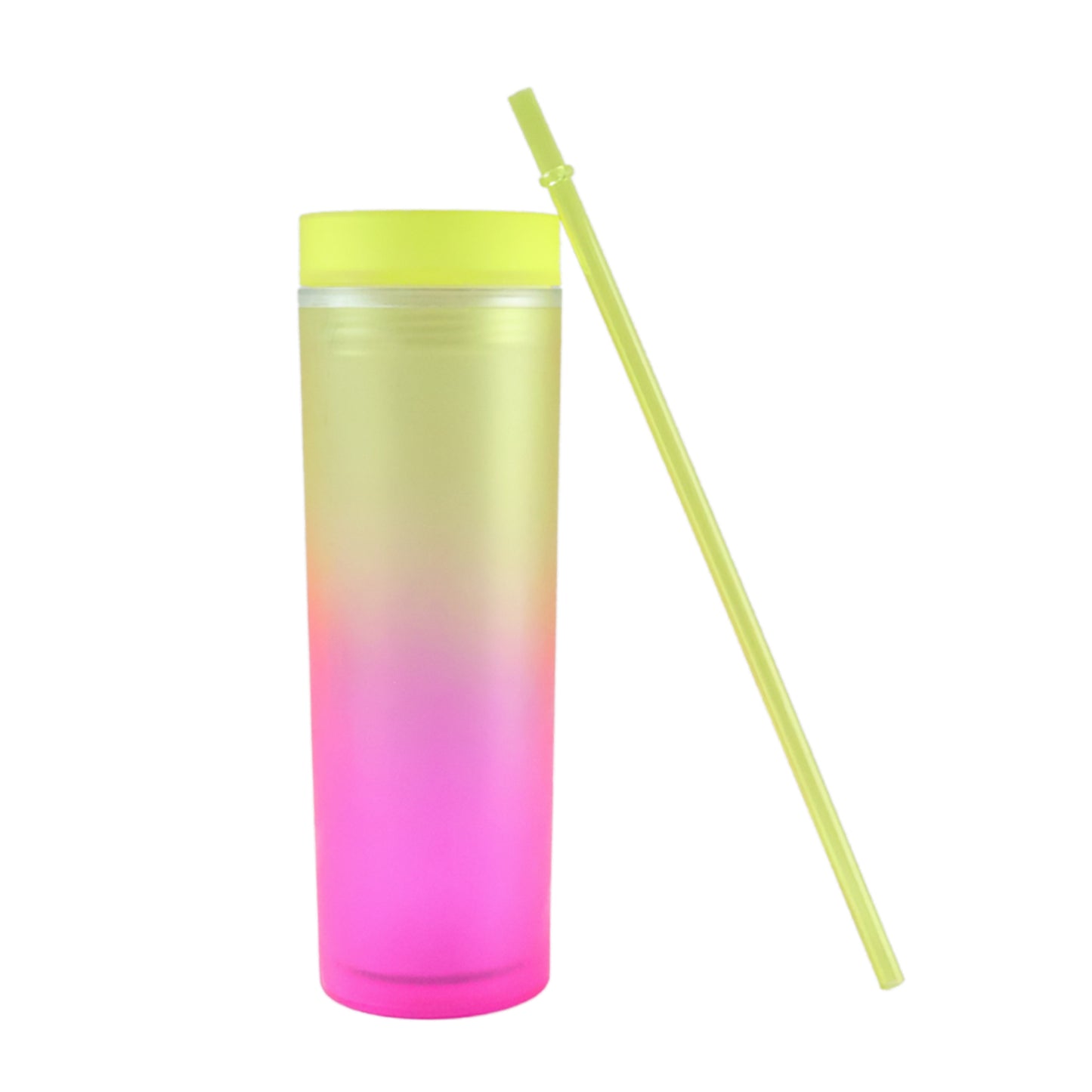 Wukusy gradient plastic drinking tumbler cup with lid and straw, 400 ml capacity, featuring a colorful design and secure lid.