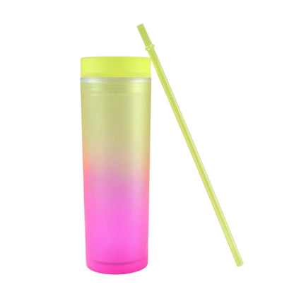 Wukusy gradient plastic drinking tumbler cup with lid and straw, 400 ml capacity, featuring a colorful design and secure lid.