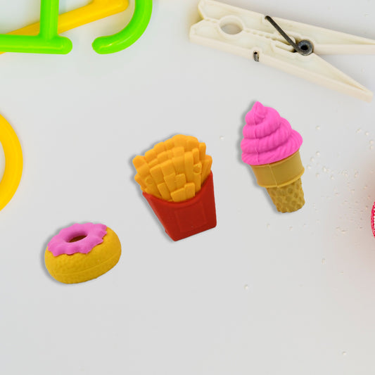 Set of colorful 3D food-themed erasers by Wukusy featuring creative, cute designs for children, ideal for school and party gifts.