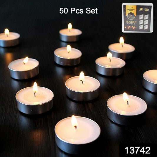 Set of 50 smokeless tealight candles by Wukusy, showcasing small tealights with a teal blue color in a clear container.