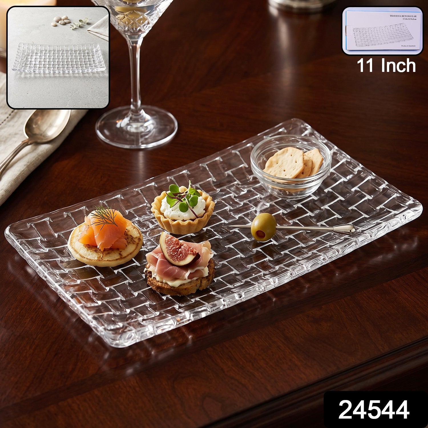 Clear glass 11-inch rectangular serving tray with basketweave pattern by Wukusy, ideal for serving snacks or appetizers.